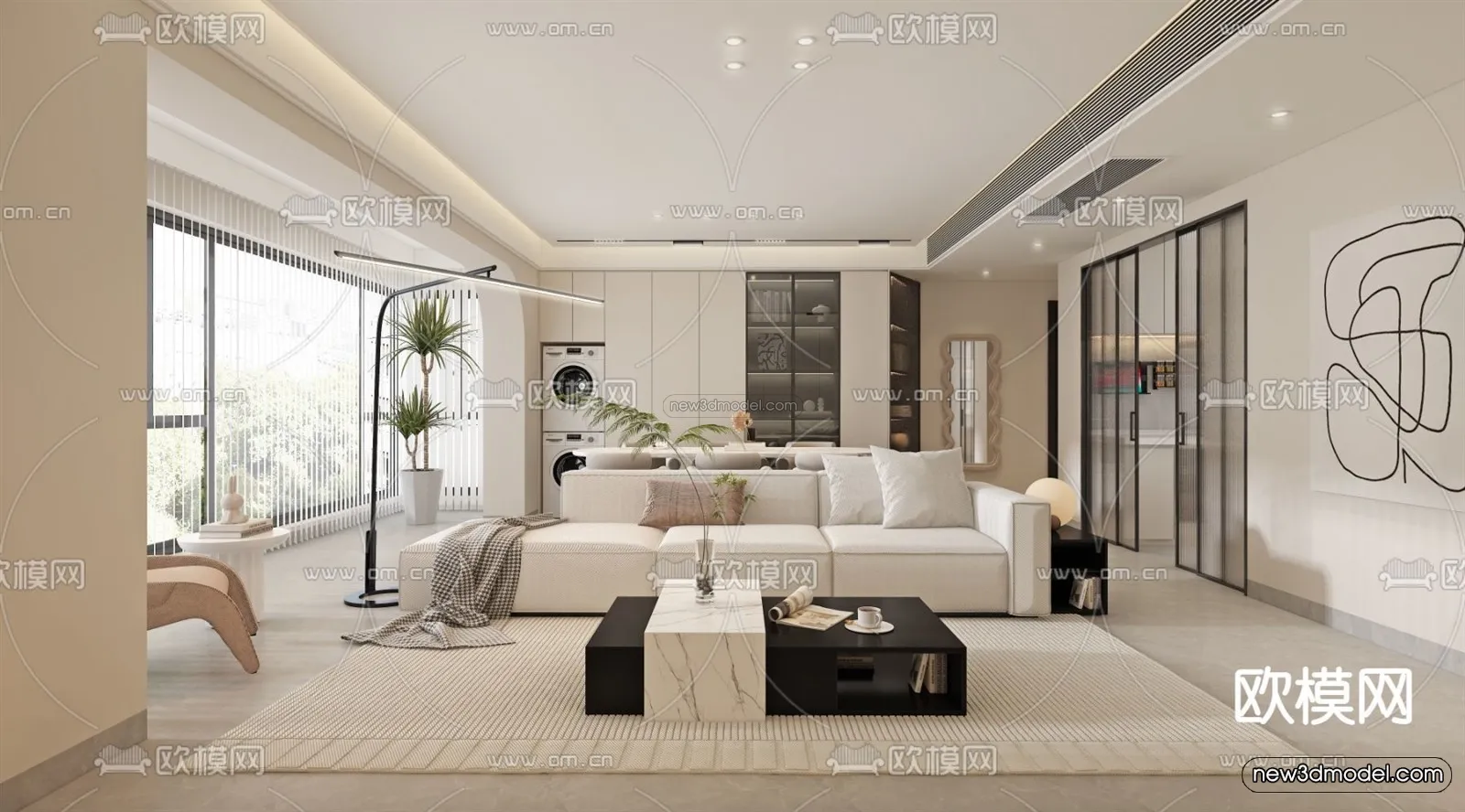Cream Style Interior 3D Blocks – Living Room 3D Model – 066 – VRAY