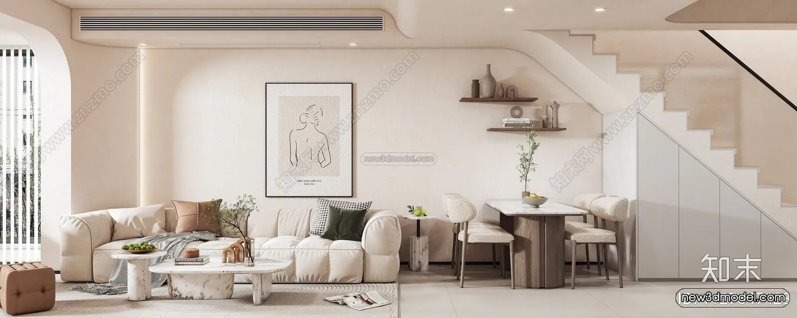 Cream Style Interior 3D Blocks – Living Room 3D Model – 071 – VRAY