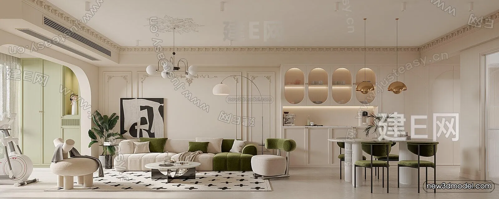 Cream Style Interior 3D Blocks – Living Room 3D Model – 075 – VRAY