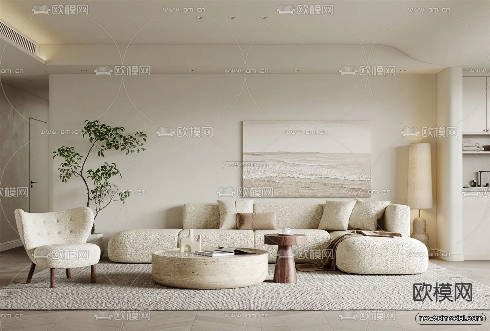 Cream Style Interior 3D Blocks – Living Room 3D Model – 076 – VRAY