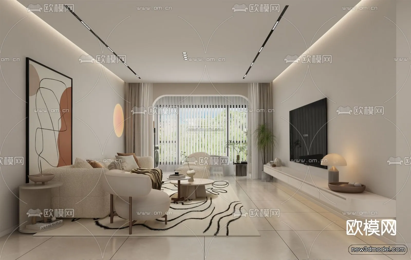 Cream Style Interior 3D Blocks – Living Room 3D Model – 086 – VRAY