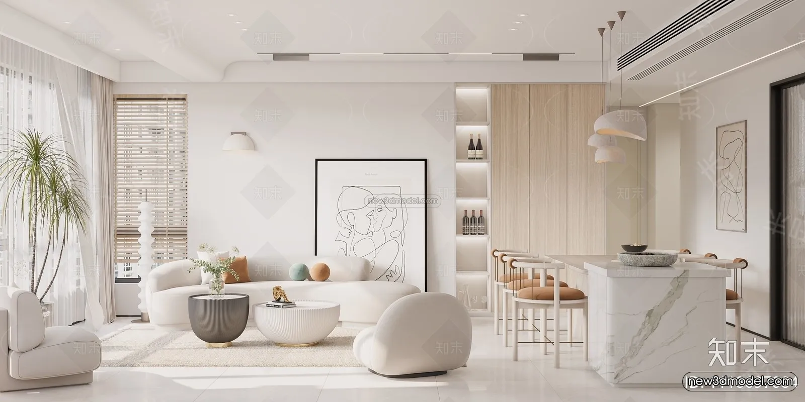 Cream Style Interior 3D Blocks – Living Room 3D Model – 090 – VRAY