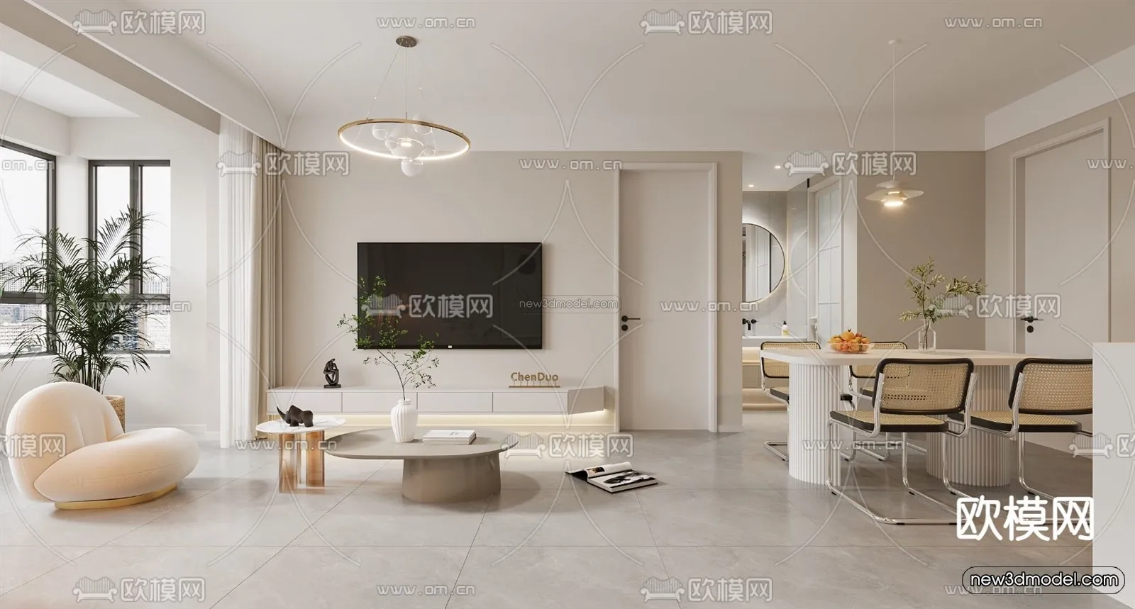 Cream Style Interior 3D Blocks – Living Room 3D Model – 100 – VRAY