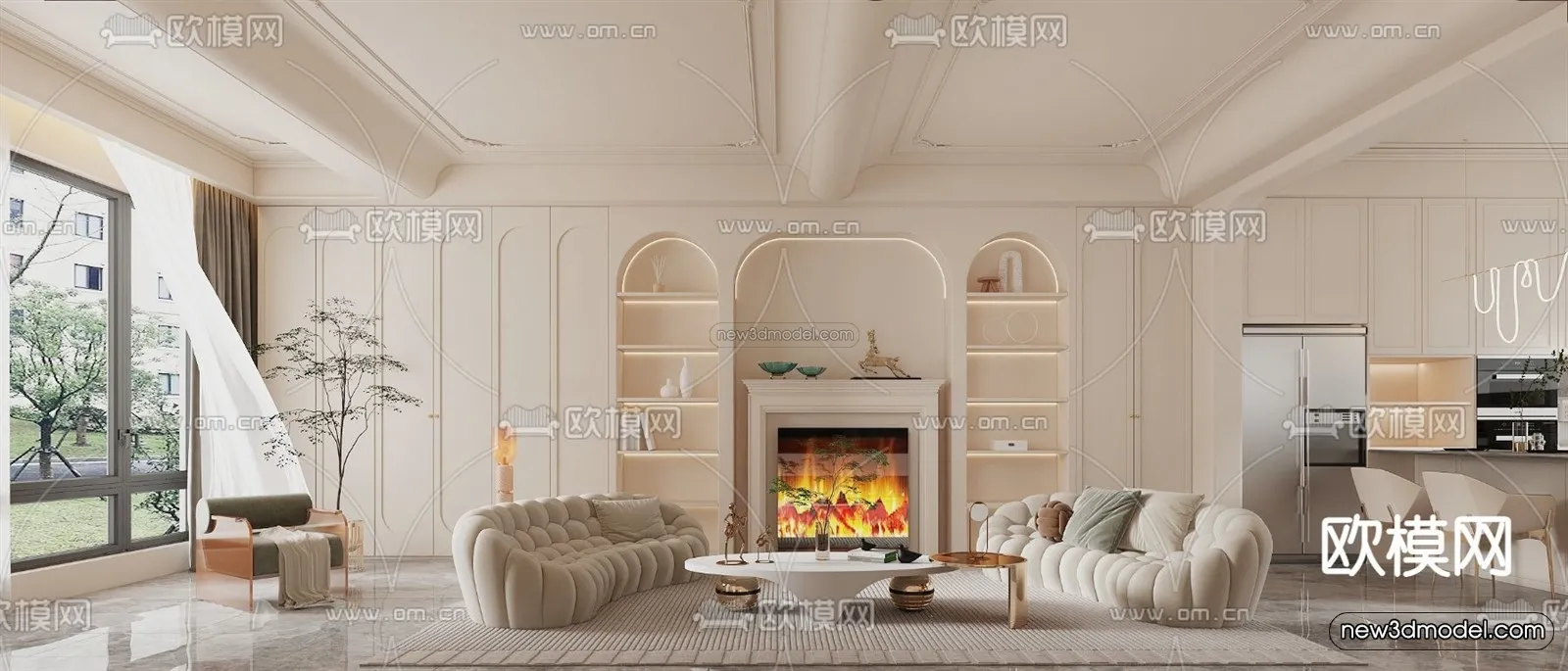 Cream Style Interior 3D Blocks – Living Room 3D Model – 101 – VRAY