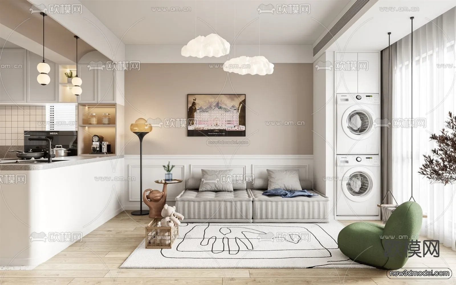 Cream Style Interior 3D Blocks – Living Room 3D Model – 104 – VRAY