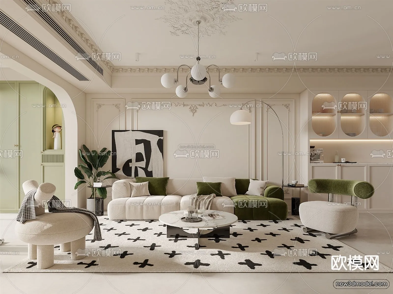 Cream Style Interior 3D Blocks – Living Room 3D Model – 105 – VRAY