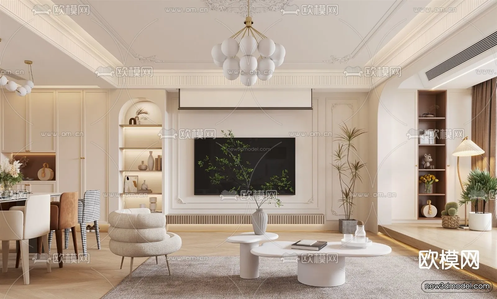 Cream Style Interior 3D Blocks – Living Room 3D Model – 112 – VRAY