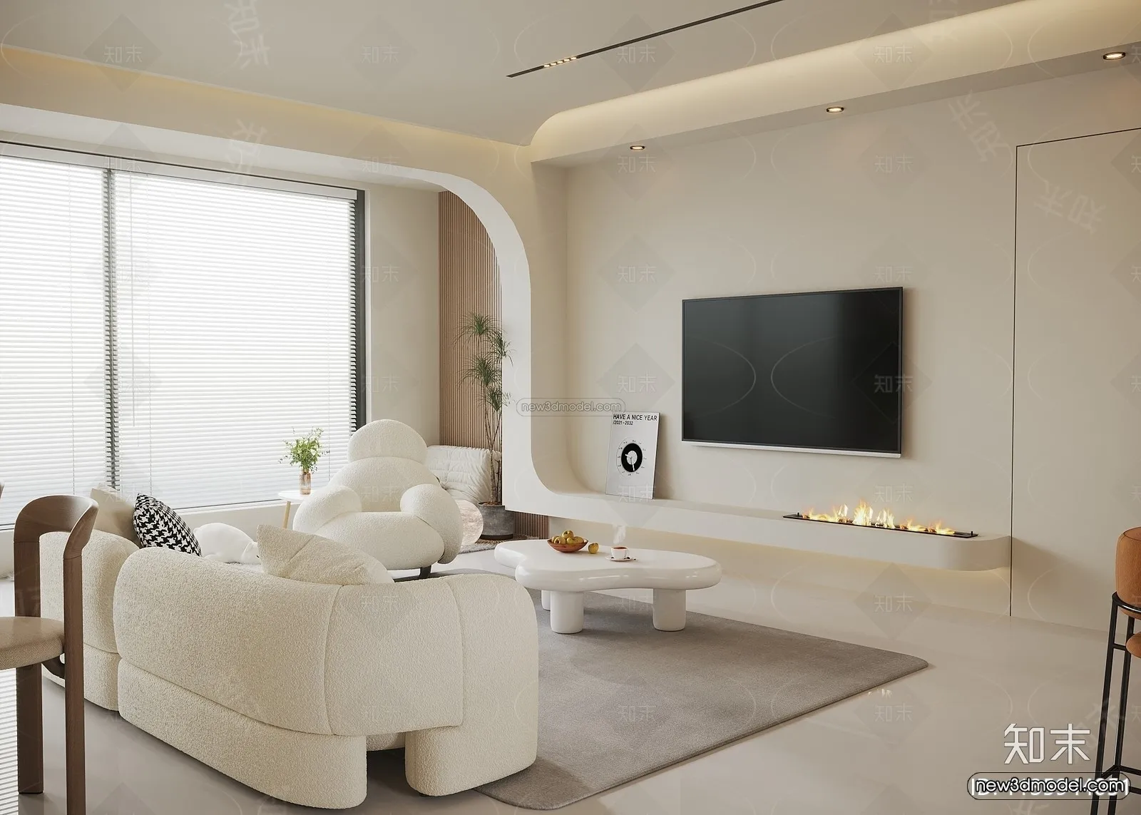 Cream Style Interior 3D Blocks – Living Room 3D Model – 113 – VRAY