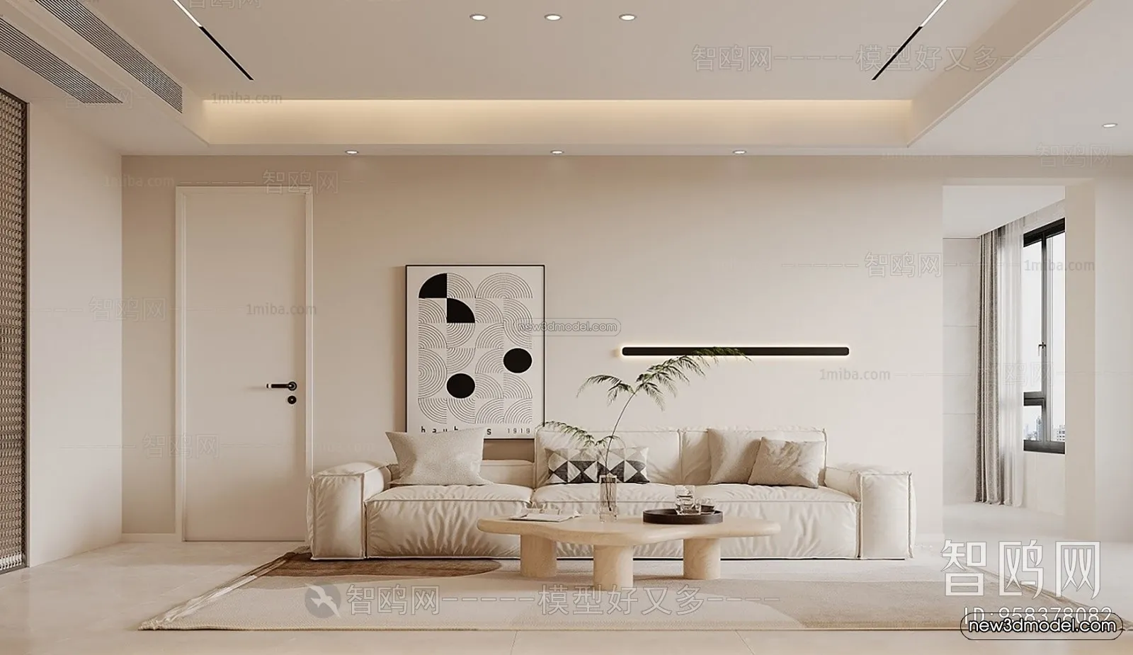 Cream Style Interior 3D Blocks – Living Room 3D Model – 123 – VRAY