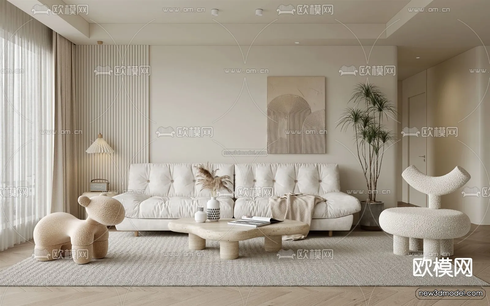 Cream Style Interior 3D Blocks – Living Room 3D Model – 133 – VRAY