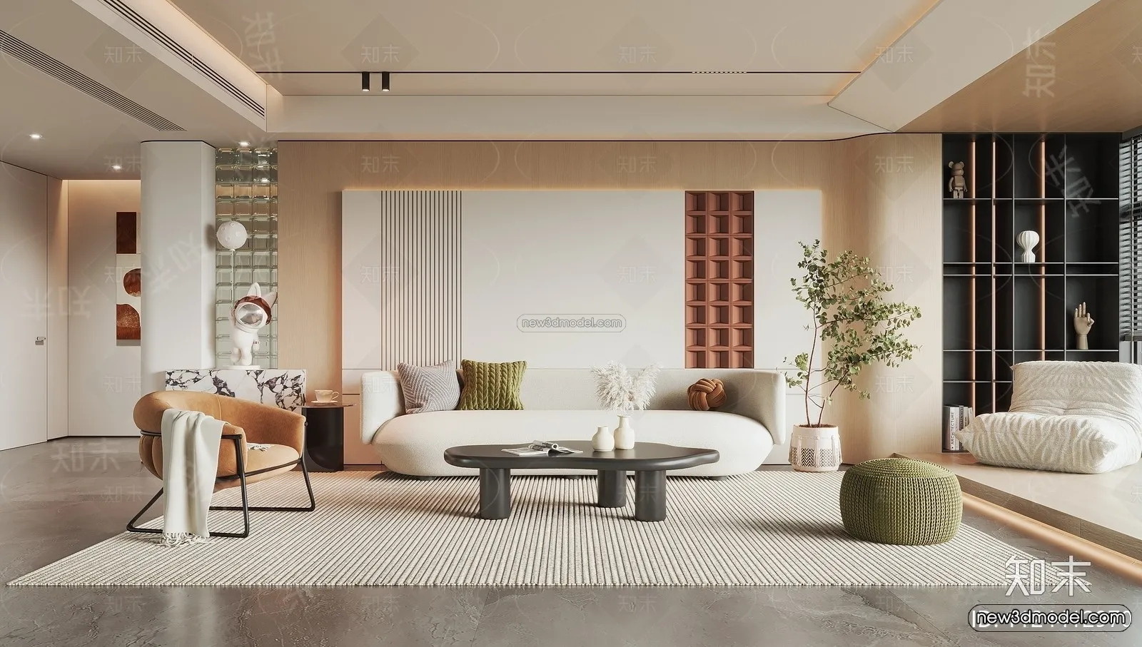 Cream Style Interior 3D Blocks – Living Room 3D Model – 144 – VRAY