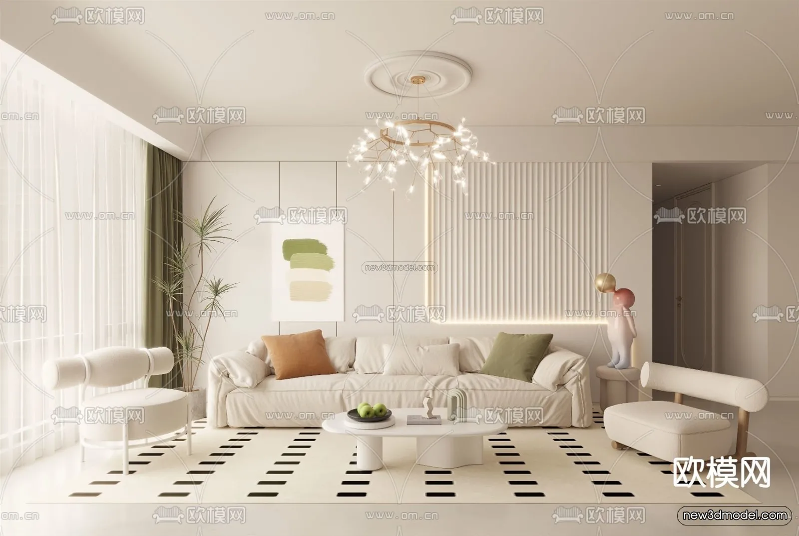 Cream Style Interior 3D Blocks – Living Room 3D Model – 164 – VRAY