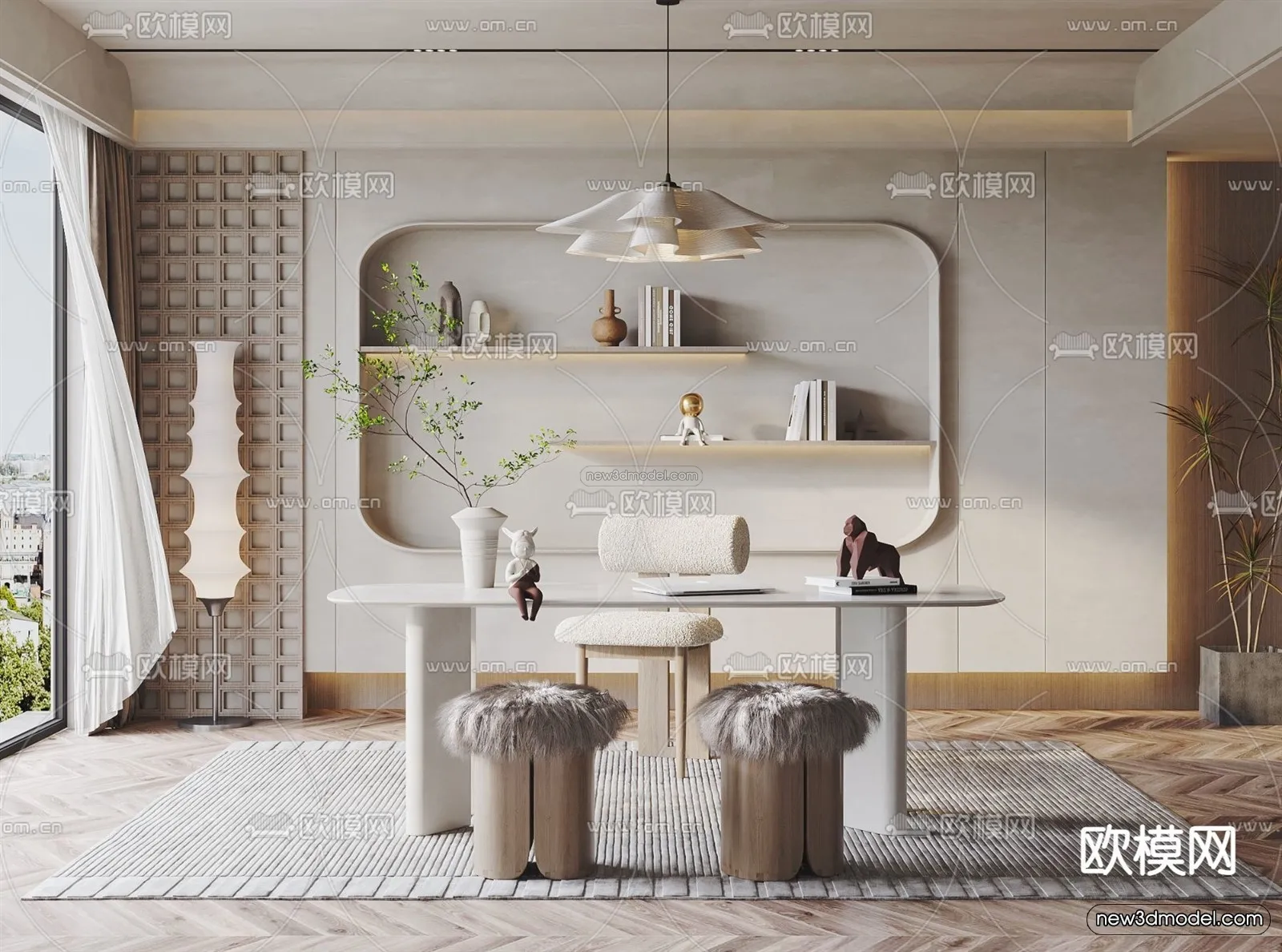 Cream Style Interior 3D Blocks – Study Room 3D Model – 288 – VRAY