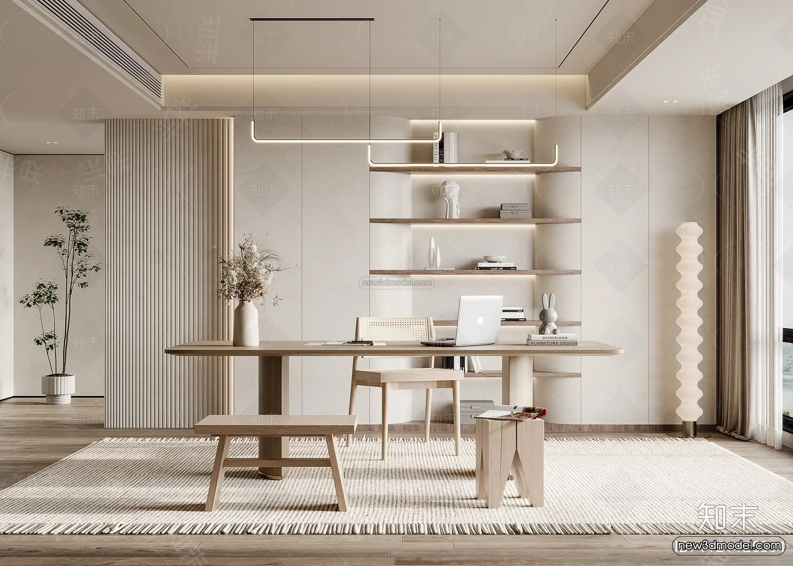 Cream Style Interior 3D Blocks – Study Room 3D Model – 291 – VRAY