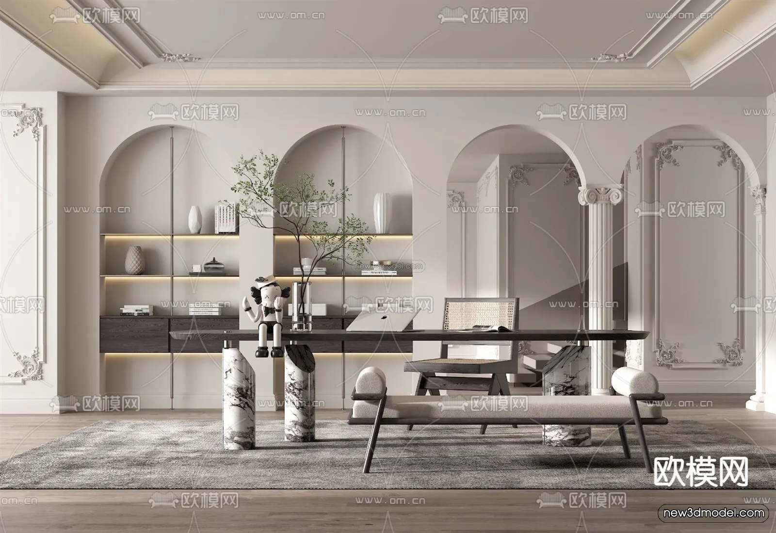 Cream Style Interior 3D Blocks – Study Room 3D Model – 292 – VRAY