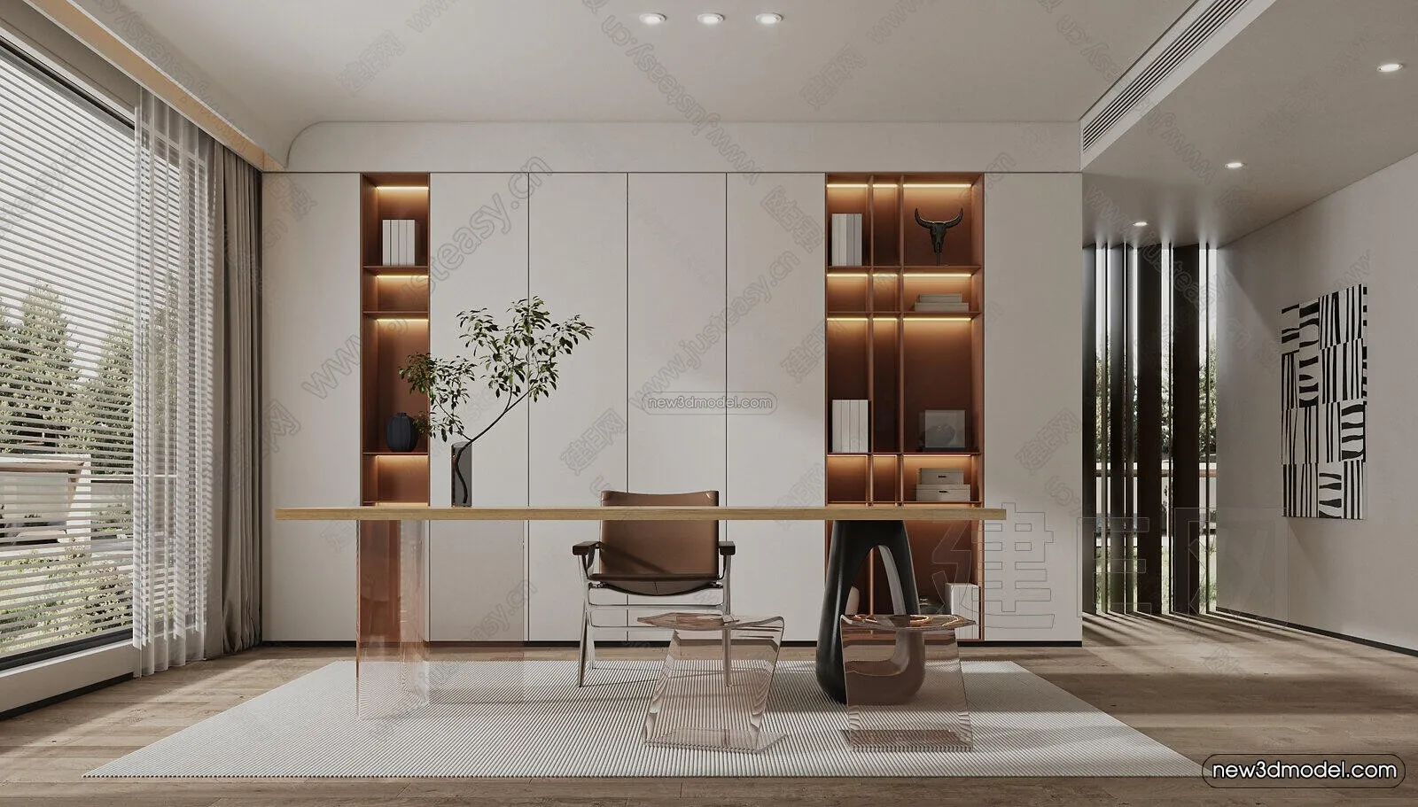 Cream Style Interior 3D Blocks – Study Room 3D Model – 294 – VRAY