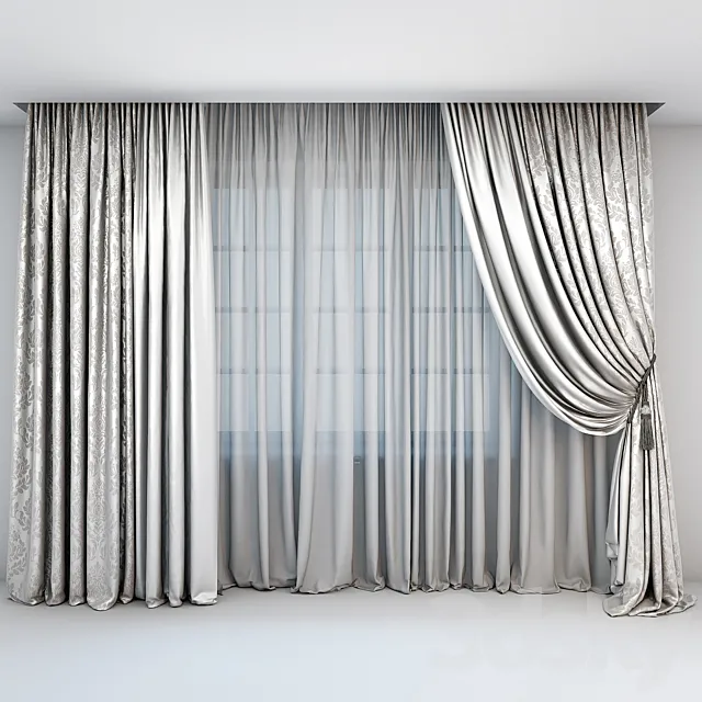 Curtains and tulle in the floor straight and with a pick-brush in a classic style 3DModel Curtains and tulle in the floor straight and with a pick-brush in a classic style 3DModel