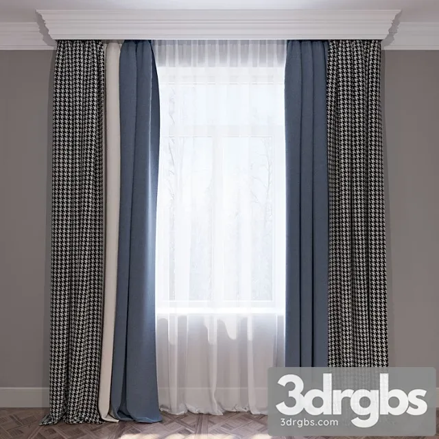 Curtains blue beige and houndstooth set of curtains 01 3D Model Download