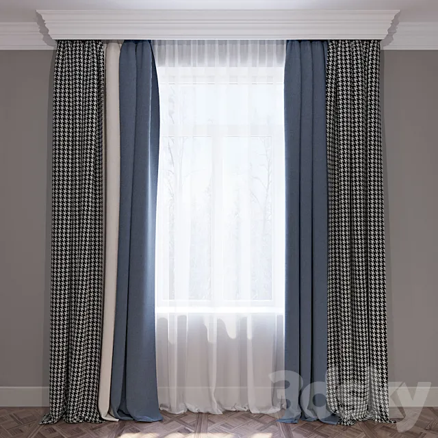 Curtains blue beige and houndstooth set of curtains 01 3DModel Curtains blue beige and houndstooth set of curtains 01 3DModel