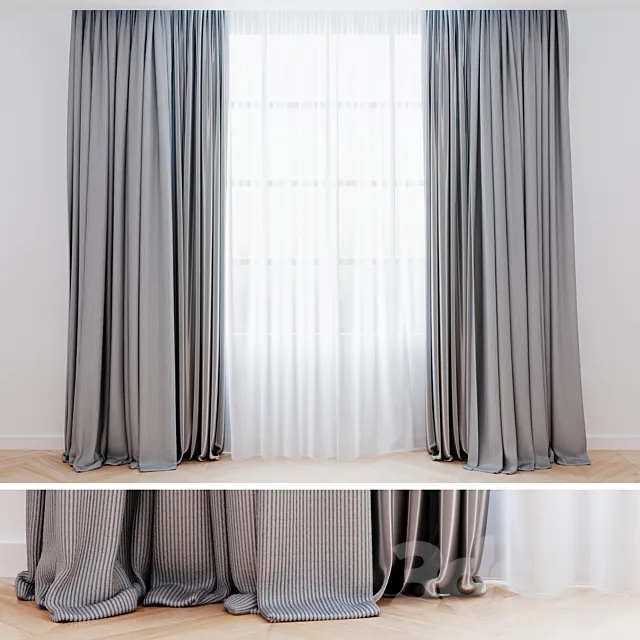 Curtains gray with tulle | Modern curtains 3D Model Curtains gray with tulle | Modern curtains 3D Model