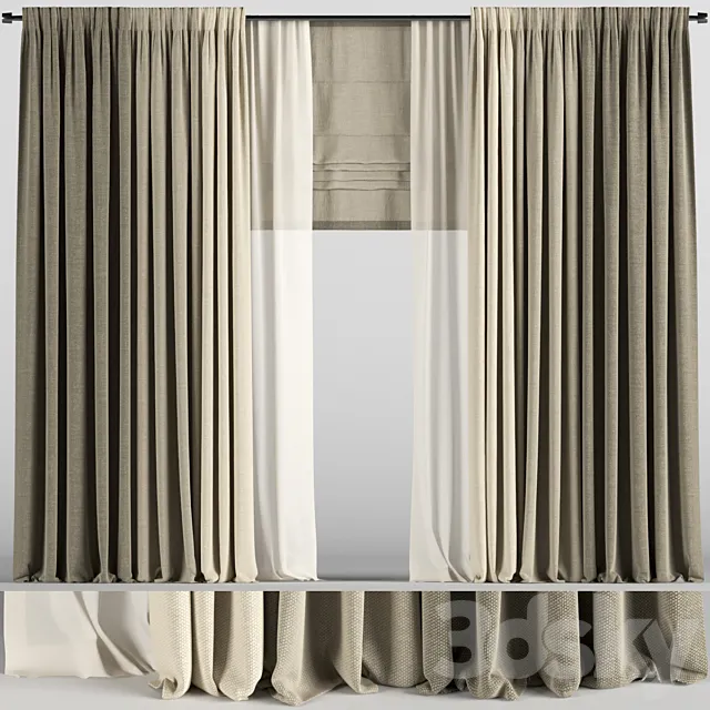 Curtains in three colors with tulle and roman blinds. 3D Model Curtains in three colors with tulle and roman blinds. 3D Model