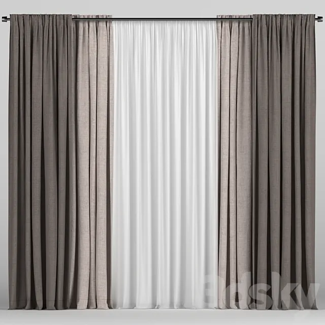 Curtains in two colors with tulle 3D Model
