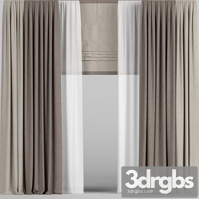 Curtains in two Colors with Tulle and Roman Blinds. 3D Model Download