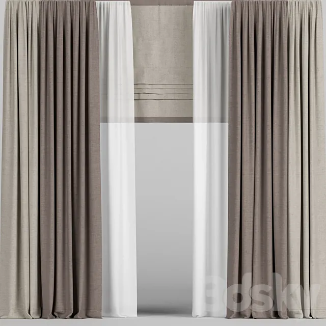 Curtains in two colors with tulle and roman blinds. 3D Model Curtains in two colors with tulle and roman blinds. 3D Model