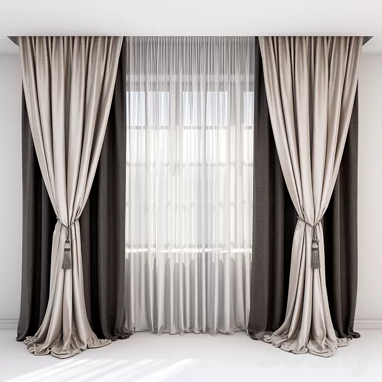 Curtains with pick-up – a brush and straight curtains in brown-beige tones. 3D Model