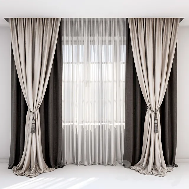 Curtains with pick-up – a brush and straight curtains in brown-beige tones. 3DModel Curtains with pick-up – a brush and straight curtains in brown-beige tones. 3DModel