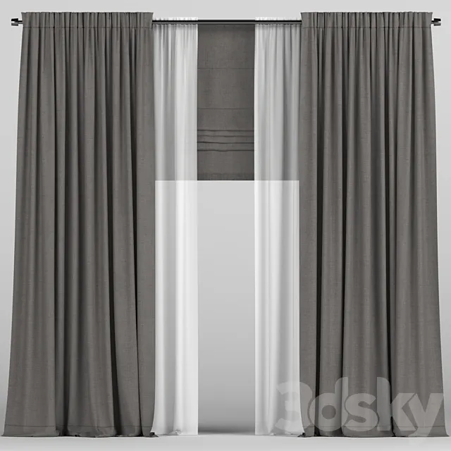 Curtains with tulle and roman blinds. 3D Model Curtains with tulle and roman blinds. 3D Model
