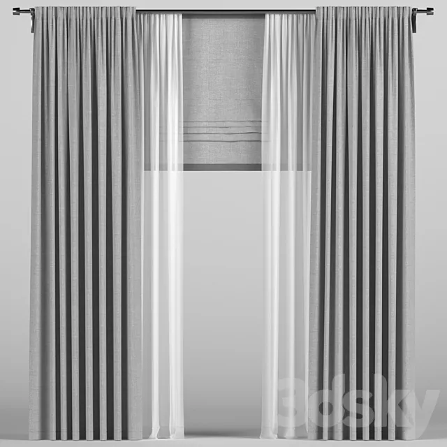 Curtains with tulle and roman blinds. 3D Model Curtains with tulle and roman blinds. 3D Model