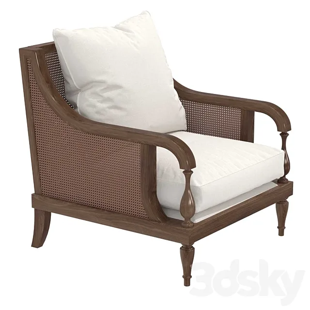 Custom made chair in brown wood cane back and white cushions 3D Model