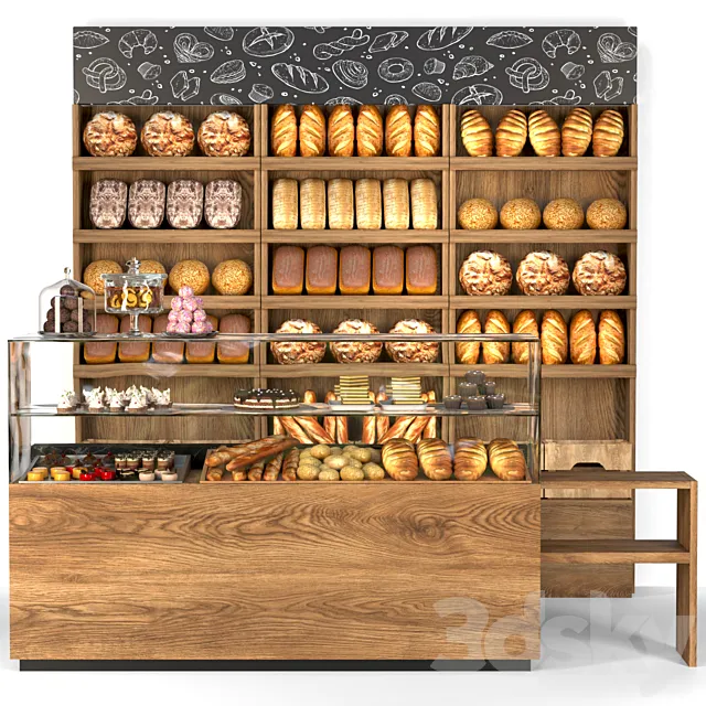 Витрина в пекарне с выпечкой десертами и разными сладостями. Хлеб 3D Model