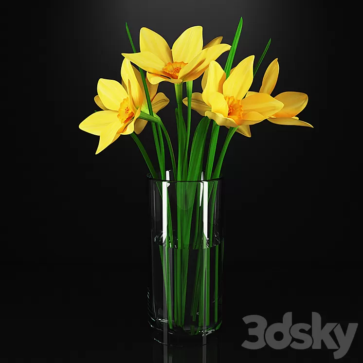 Daffodils in a glass vase 3D Model