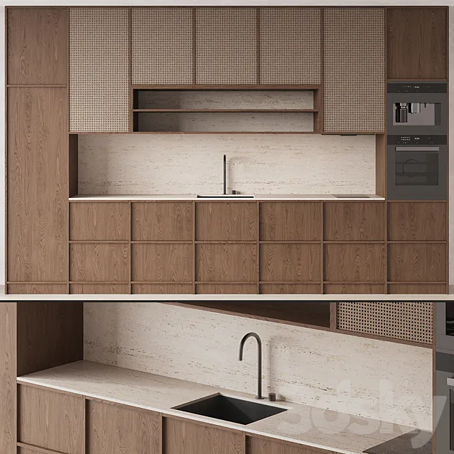 DARK WOOD KITCHEN WITH RATTAN 3D Model DARK WOOD KITCHEN WITH RATTAN 3D Model