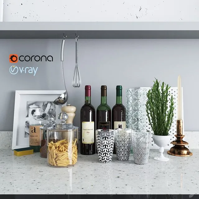 Decor for the kitchen with 3 bottles of wine 3D Model