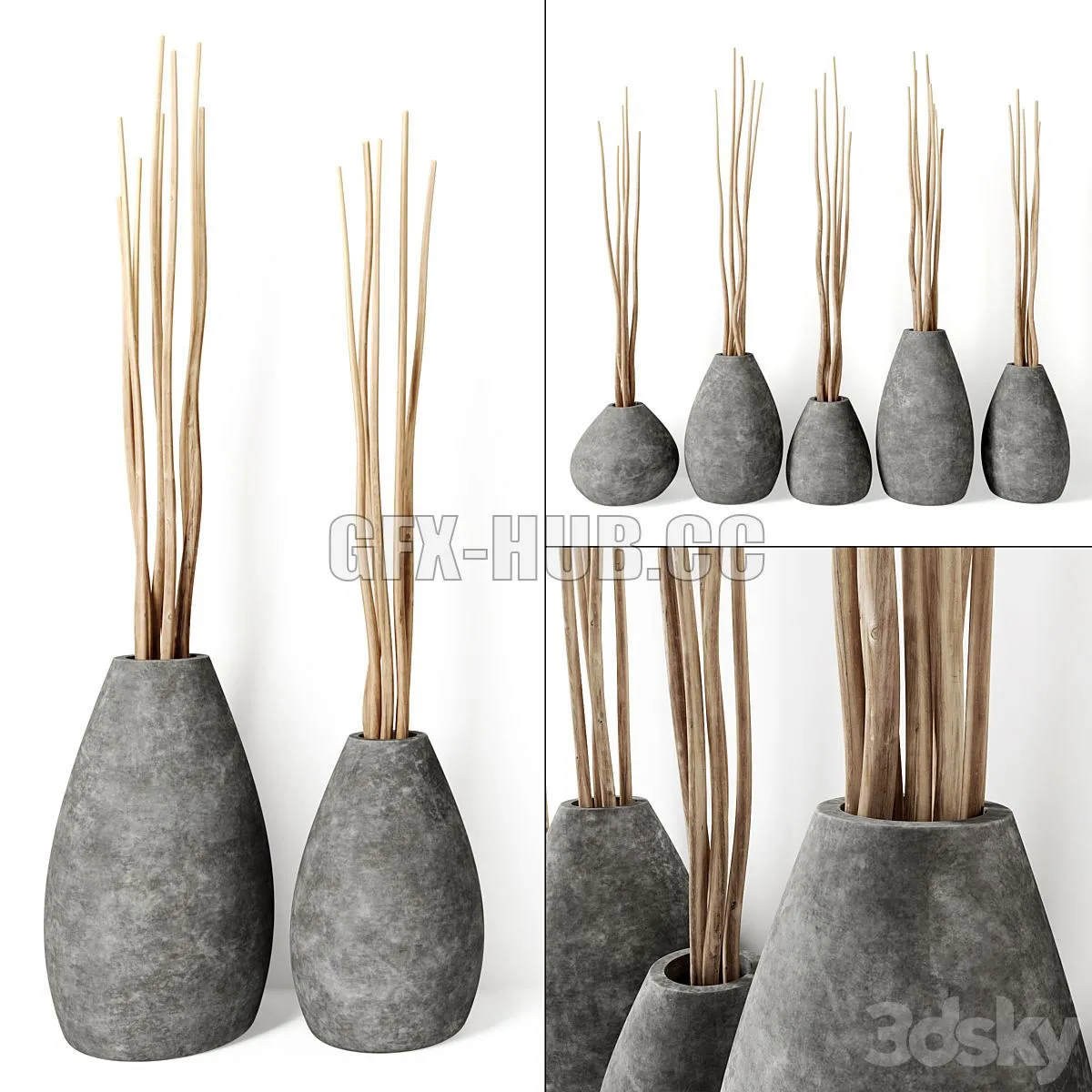 Decor from branches in concrete vases 3D Model