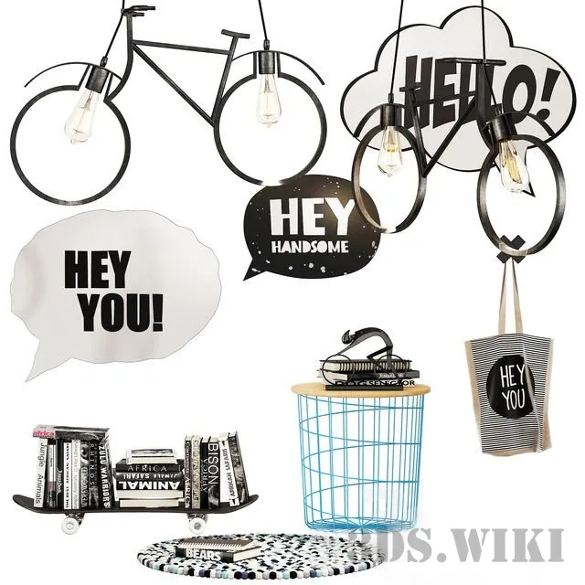 decoration – Bag bike-lamps skateboard with books 3D Model