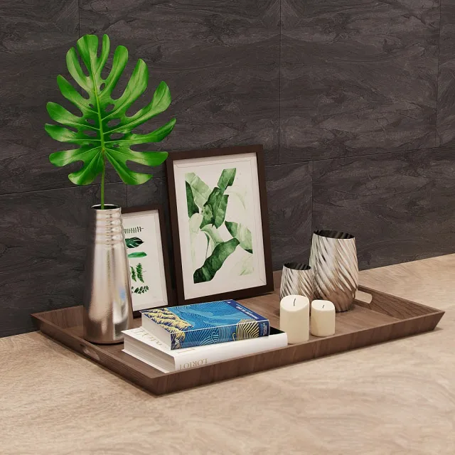 decoration – Books vases pictures and candles on a tray 3D Model