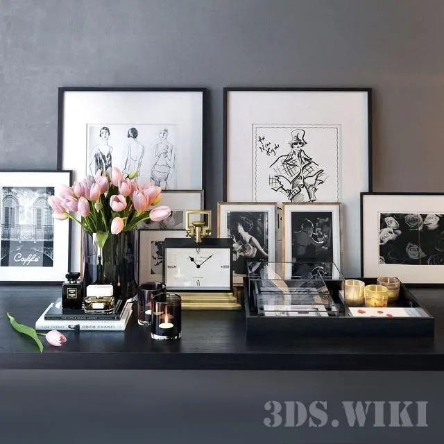 decoration – Clock pictures bouquet of pink tulips 3D Model