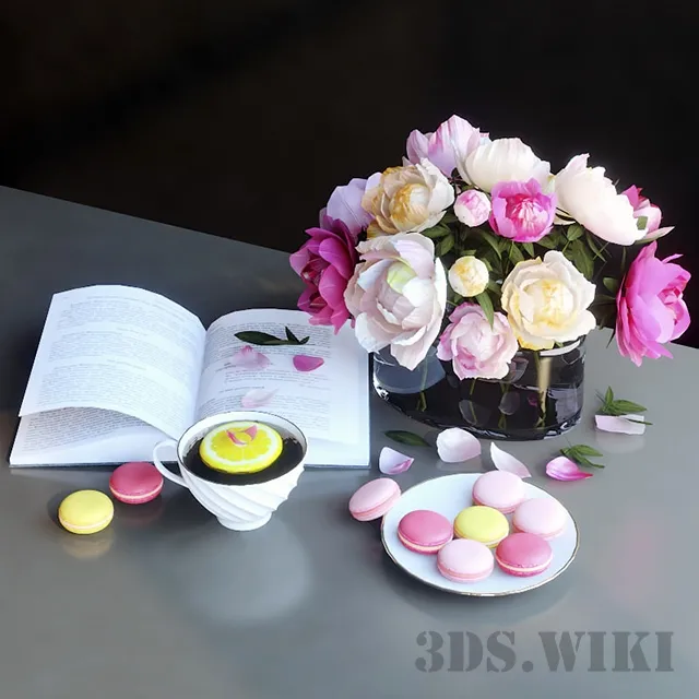 decoration – Decorative set of peonies book and cookies 3D Model