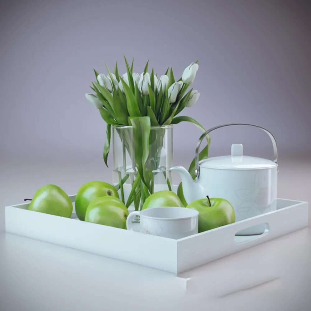 decoration – Flowers apples teapot and a cup on a tray 3D Model