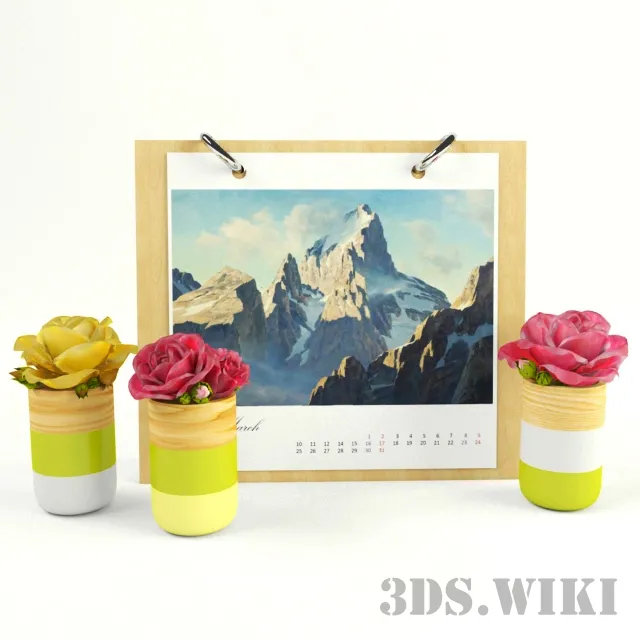 decoration – Flowers in small vases with a calendar 3D Model