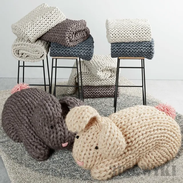 decoration – Knitted hares stool with plaids and carpet 3D Model decoration – Knitted hares stool with plaids and carpet 3D Model