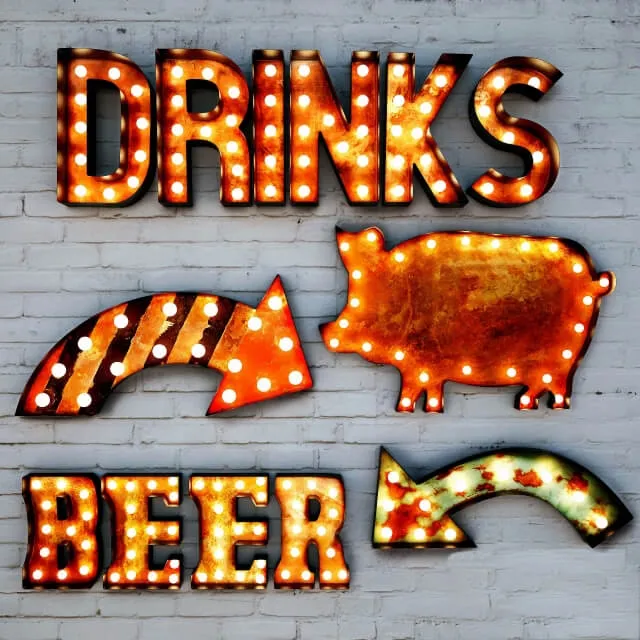 decoration – Lighted Metal sign. Set 3 3D Model decoration – Lighted Metal sign. Set 3 3D Model