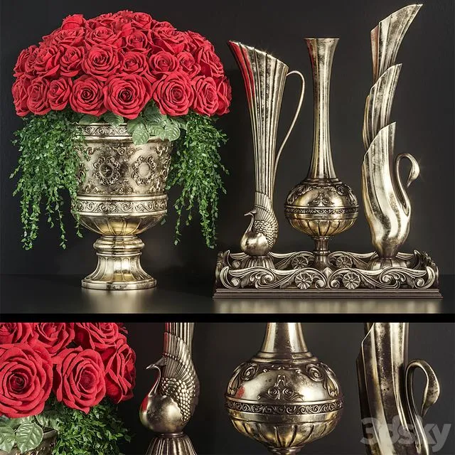 Decoration Set 23 Red Roses in antique vases 3D Model