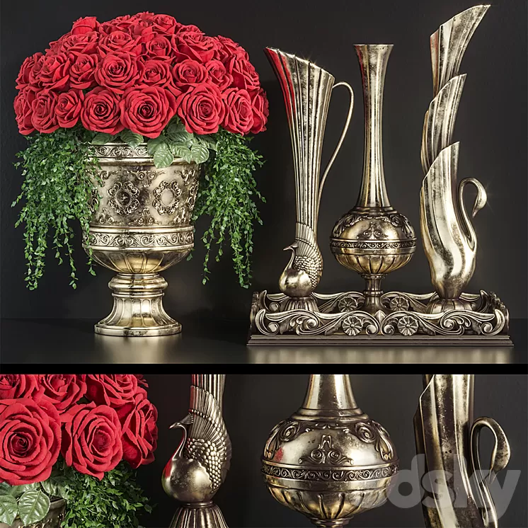 Decoration Set 23 Red Roses in antique vases. 3D Model