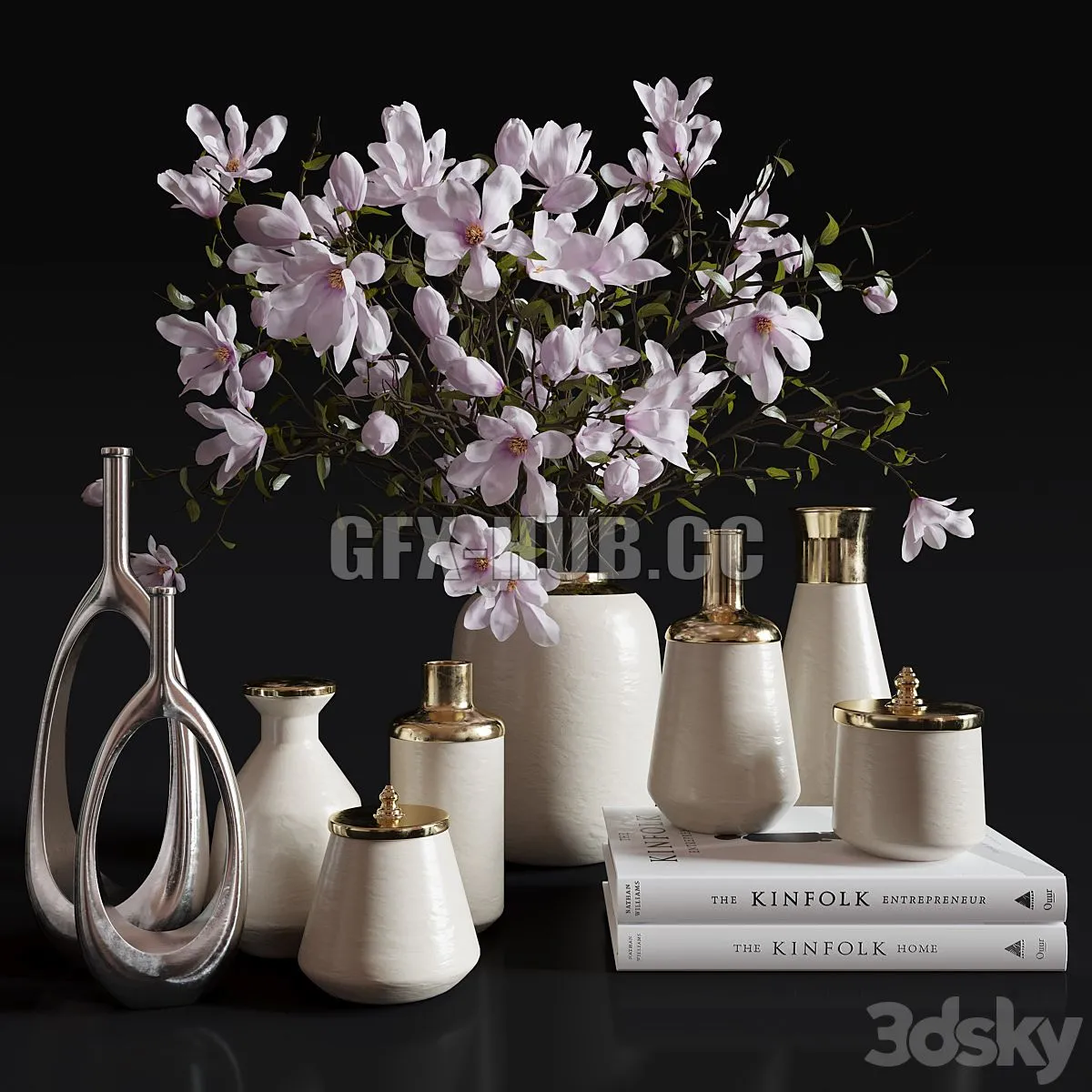 Decoration Set 30 Magnolia and Vases 3D Model Decoration Set 30 Magnolia and Vases 3D Model