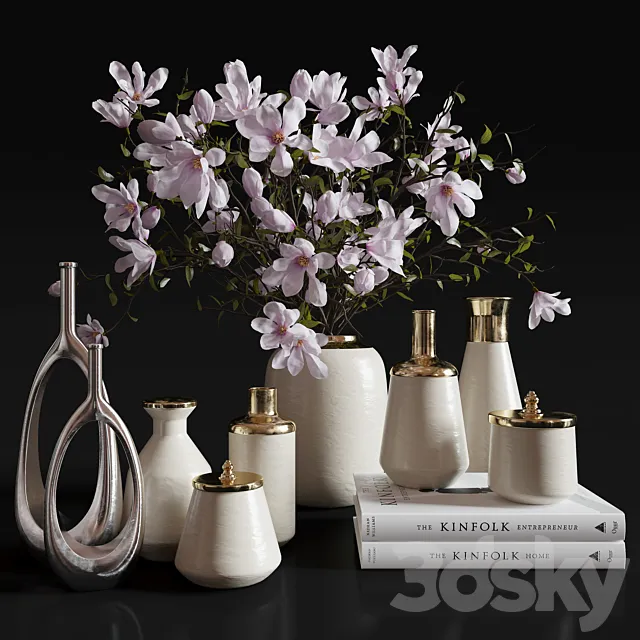 Decoration Set 30 Magnolia and Vases. 3D Model Decoration Set 30 Magnolia and Vases. 3D Model